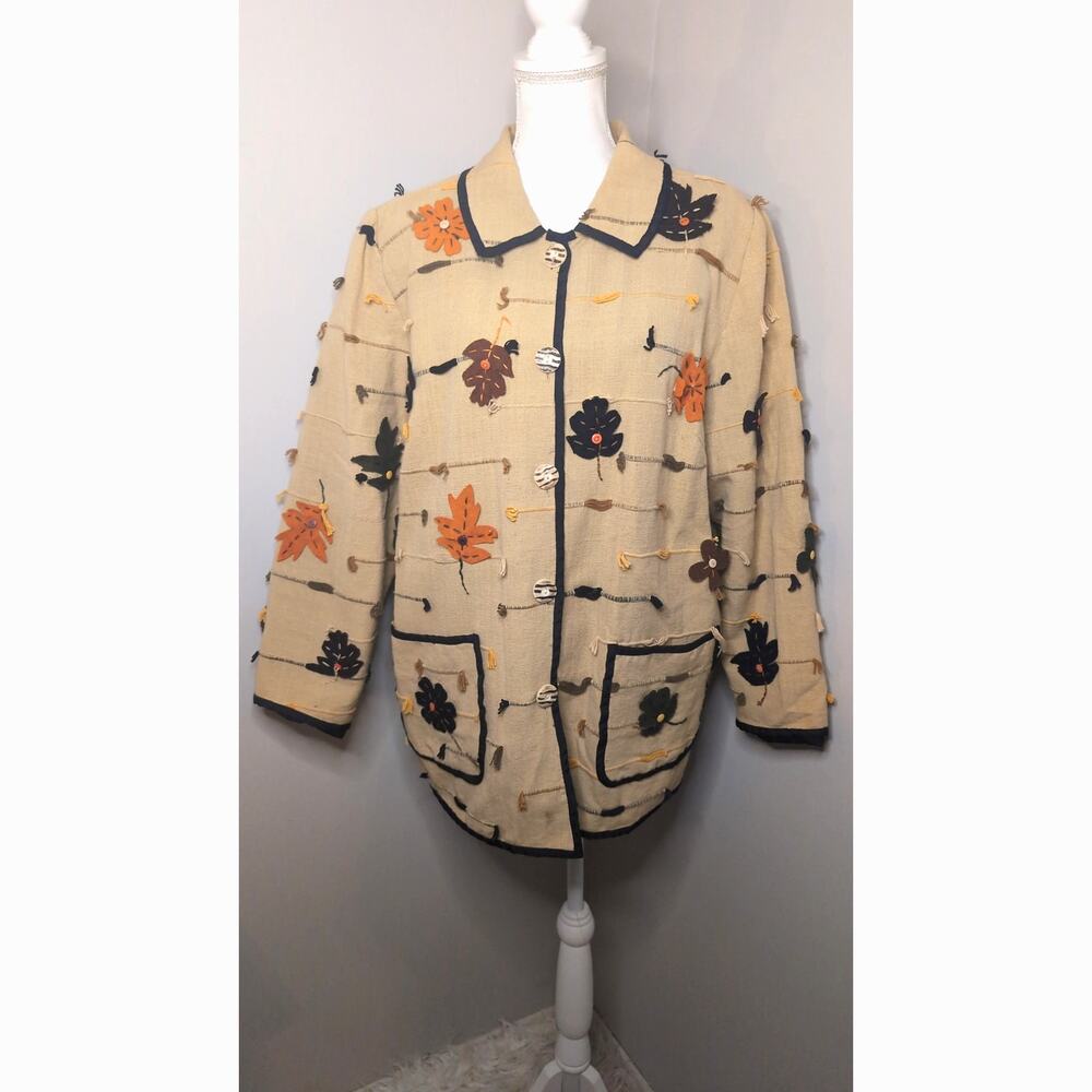 Allure Vintage Leaf Floral Applique Jacket 14/16 Beige Artsy Boutique